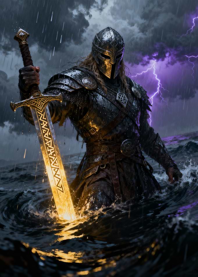 Warrior with Glowing Sword in Stormy Sea