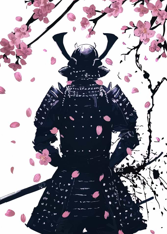 Samurai in Armor with Cherry Blossoms