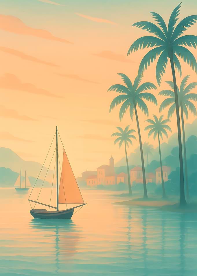 Tropical Seascape with Sailboat and Palms