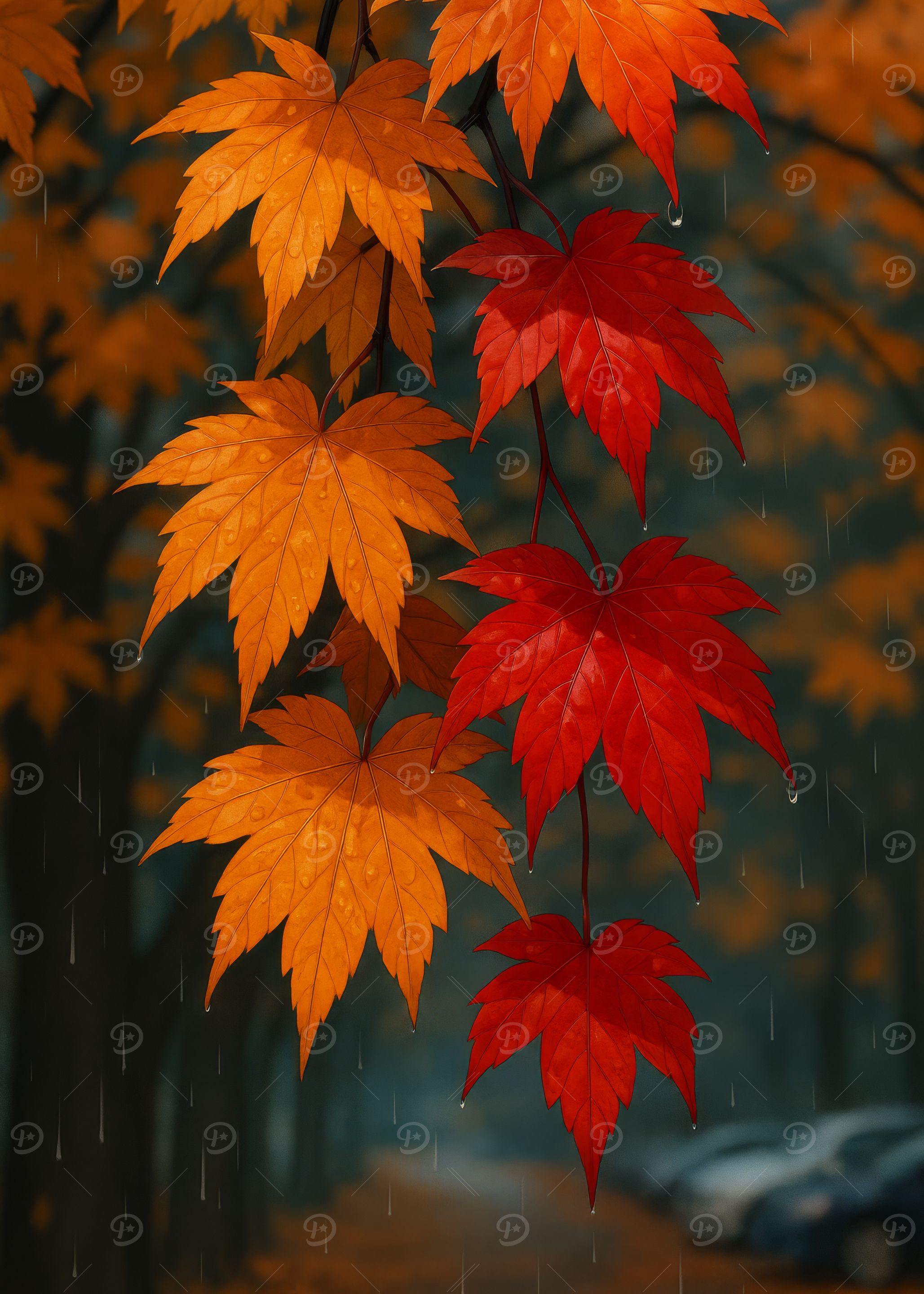 Autumn Maple Leaves in the Rain