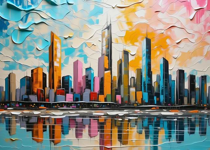 Colorful Cityscape Painting with Water Reflection