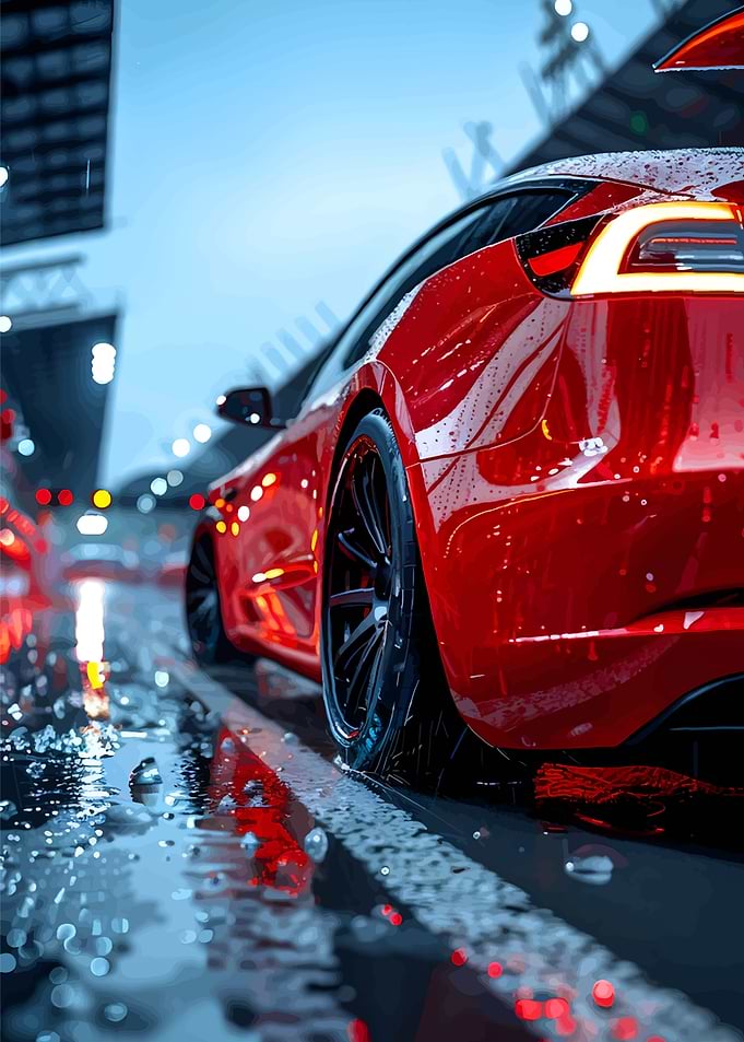 Red Car on Wet City Street