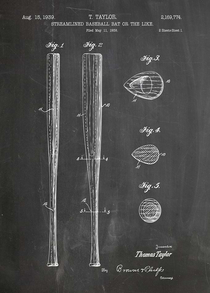 Streamlined Baseball Bat Patent Drawing