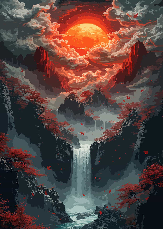 Pixel Art Waterfall Landscape with Red Moon
