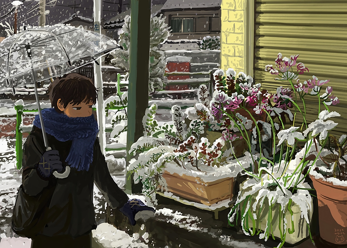 Winter Day Stroll with Umbrella
