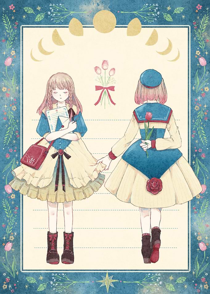 Two Girls with Tulips and Moon Phases