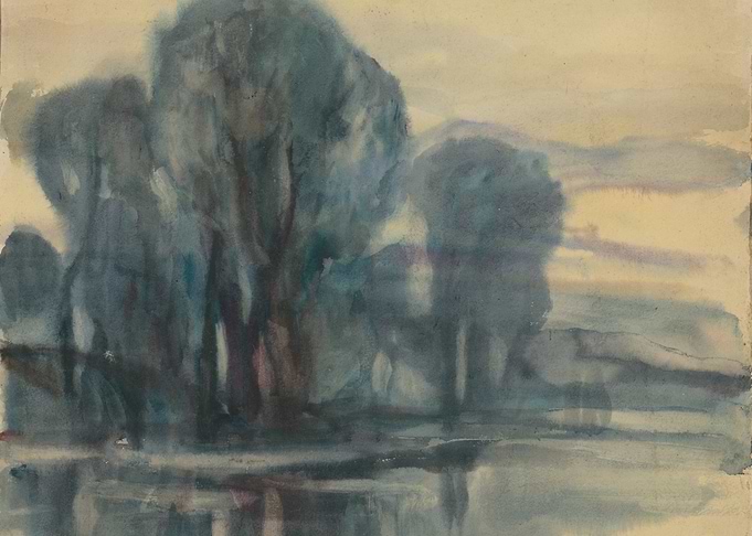 Watercolor Landscape with Trees and Water