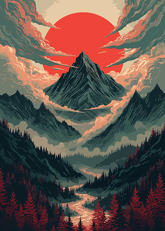Pixel Art Mountain Scenery with a Red Sun