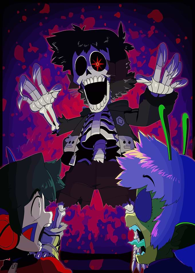 Cartoon Horror Scene with Skeleton Character