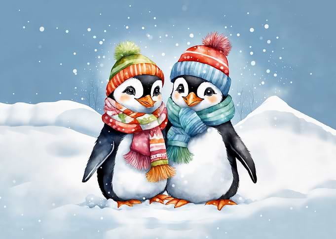 Two Cute Penguins in Winter Scene