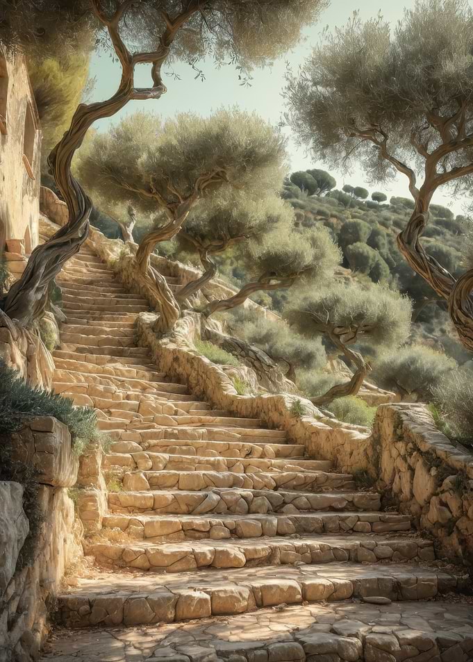 Sunlit Stone Steps Through Twisted Olive Trees — Mediterranean Terrace Path