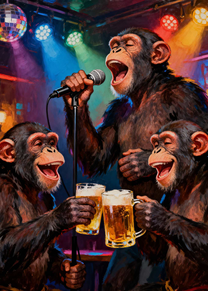 Chimpanzees singing karaoke with beer