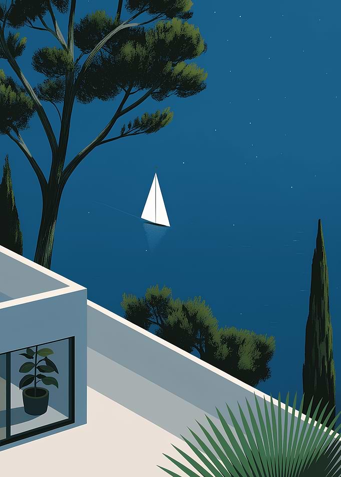 Night Seascape with Sailboat and Villa