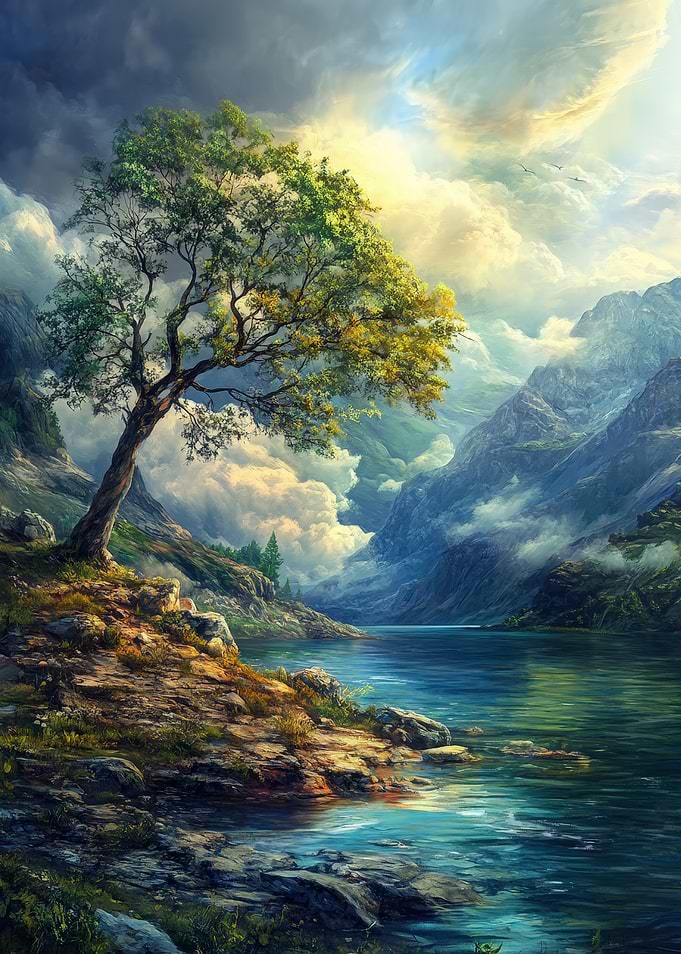 Mountain Lake Landscape with Tree