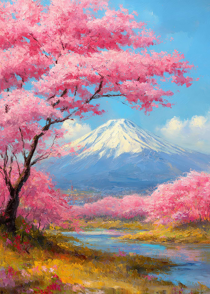 Cherry Blossoms and Mountain Landscape Painting