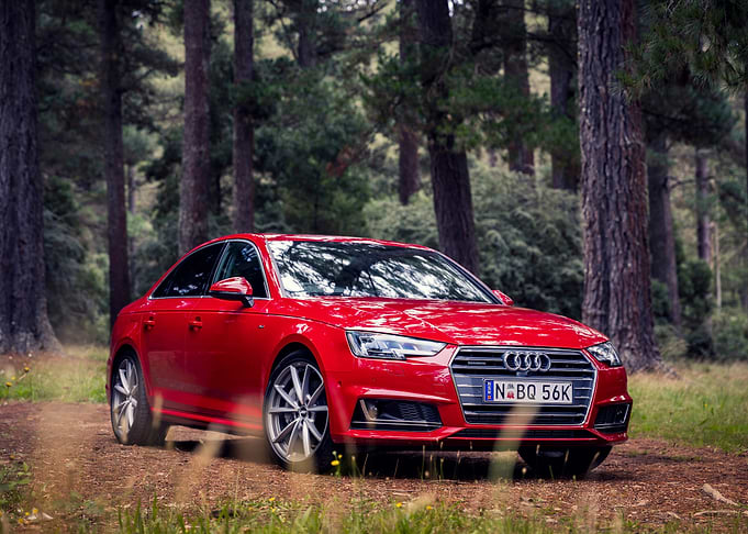 Red Audi A4 in Forest Setting