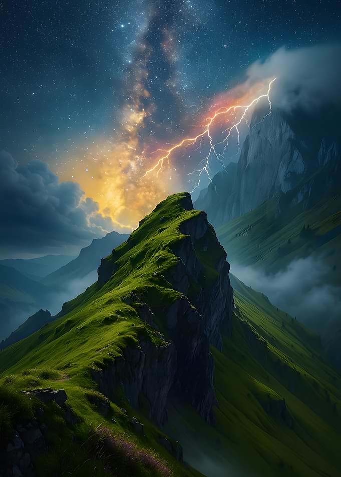 Mountain peak under starry sky with lightning
