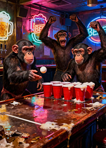 Chimpanzees Playing Beer Pong in a Bar
