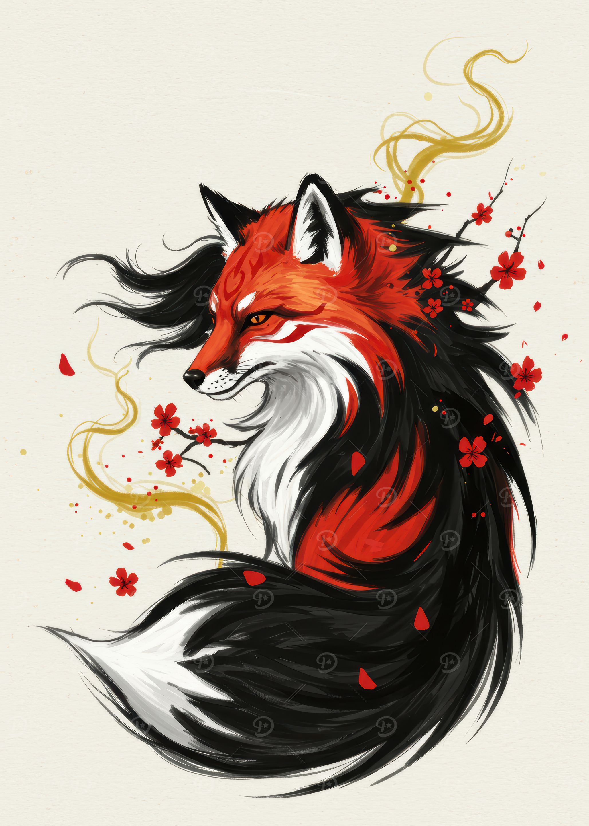 Fox with Floral and Gold Accents