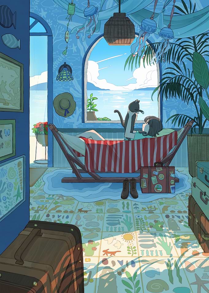 Coastal Room with Hammock and Cat