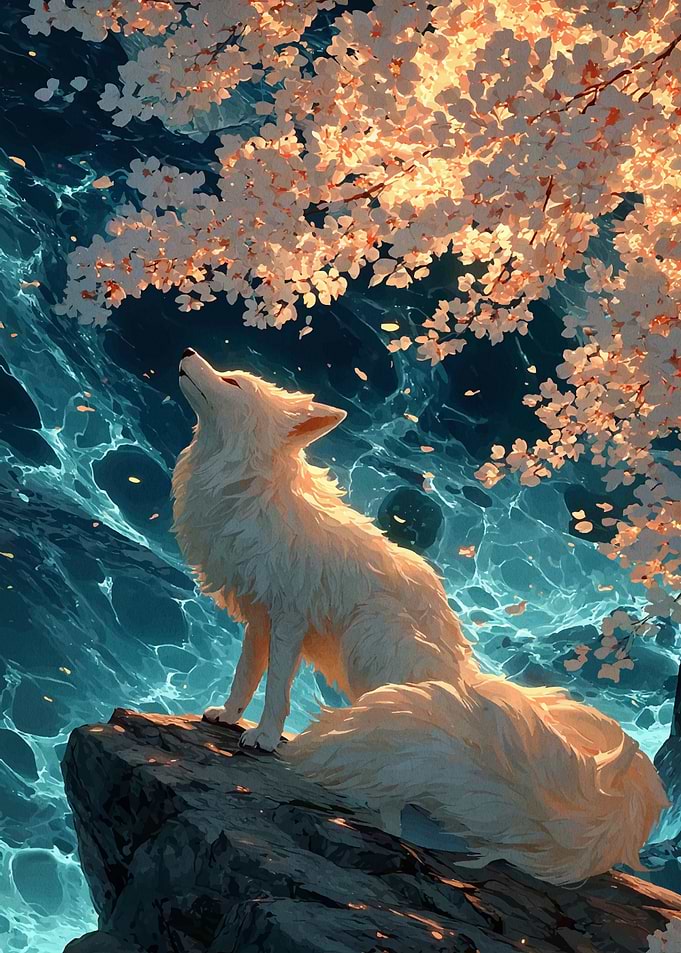 White Fox Under Cherry Blossom Tree