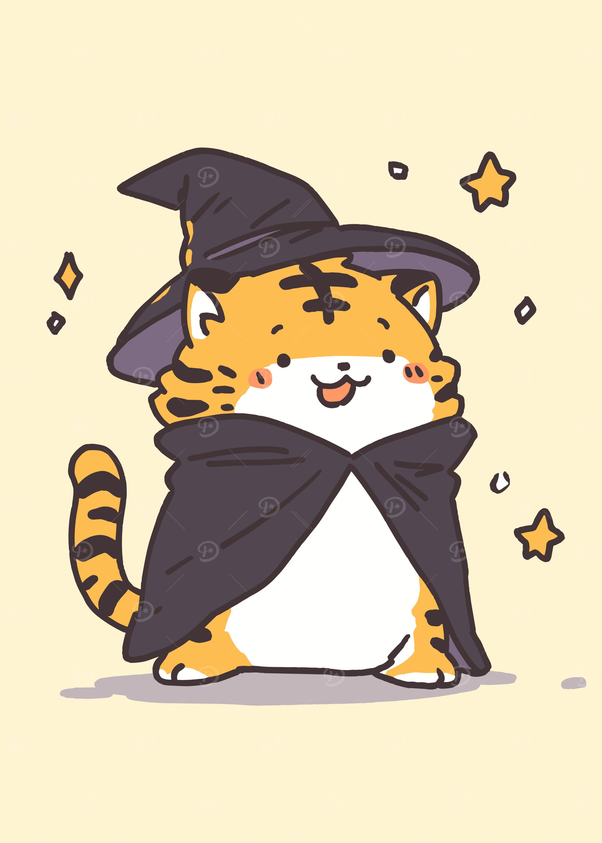Cute Tiger Witch Cartoon Illustration