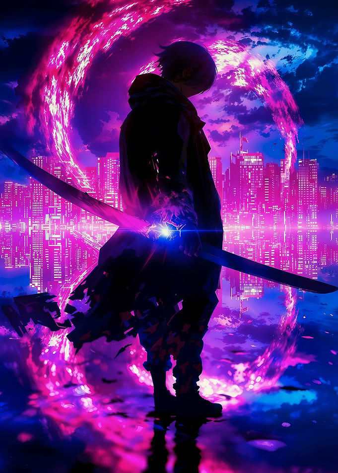 Cyberpunk Warrior with Katana in Cityscape