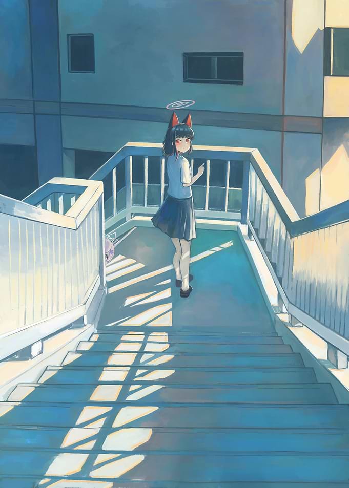 Anime Girl on Stairs with Halo