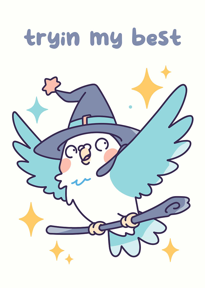 Cute Bird Witch Flying on Broom