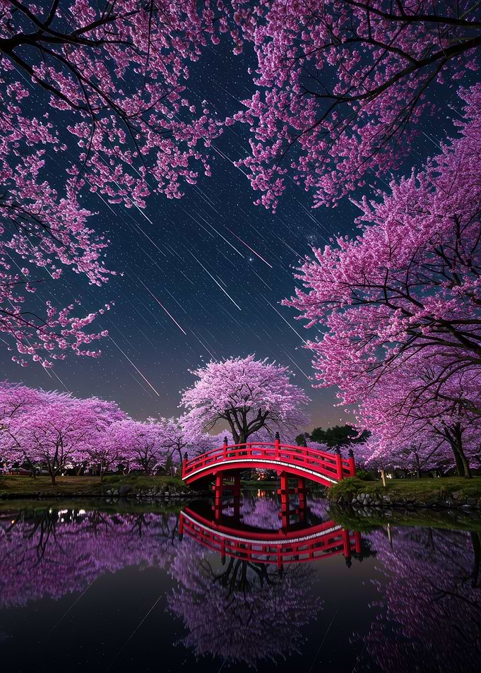Cherry Blossoms, Bridge, and Meteor Shower