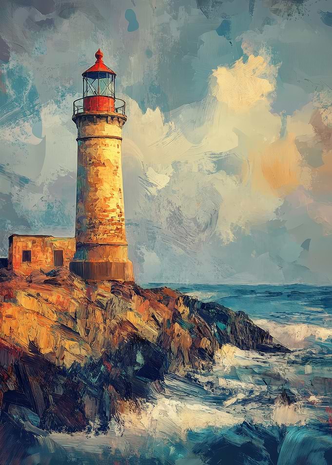Lighthouse on Rocky Coast Painting