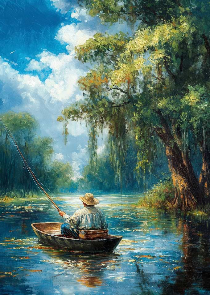 Fisherman in Boat on River Painting