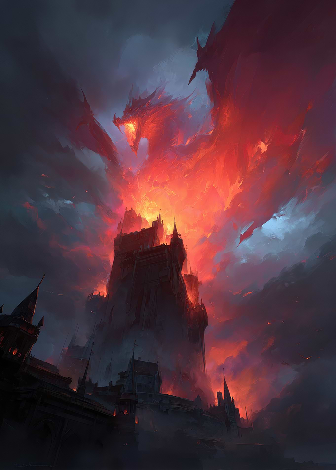 Dragon and Castle in Fiery Sky