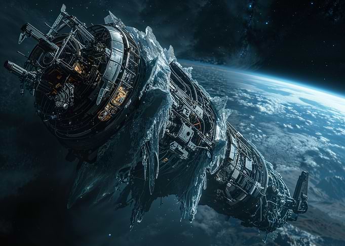 Iced Space Station Orbiting Earth