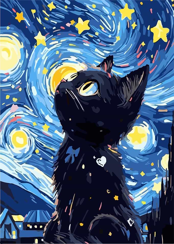 Black Cat Starry Night Art