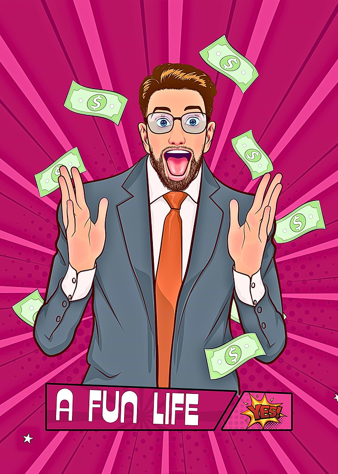 Excited man with money in pop art