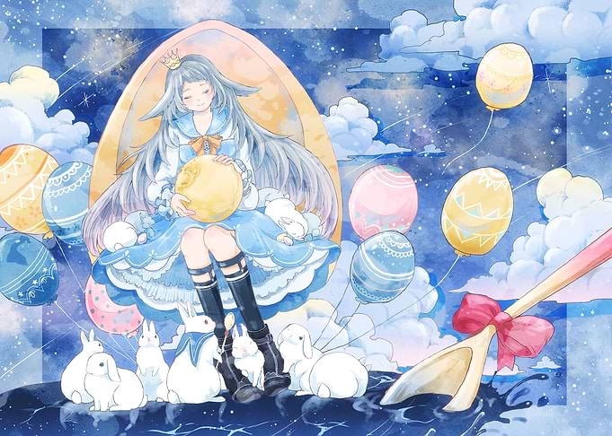 Dreamy Girl with Rabbits and Balloons