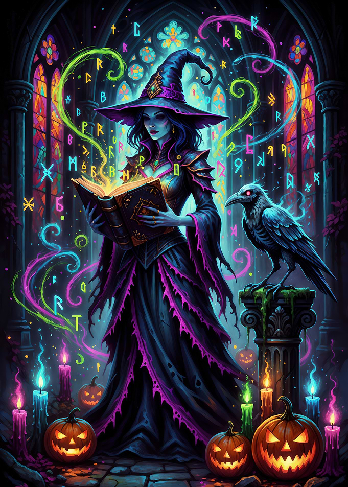 Halloween Witch with Raven and Pumpkins