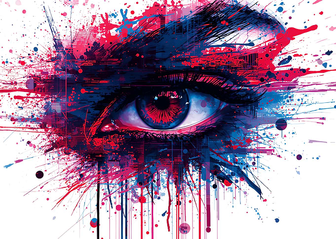 Abstract Eye with Red and Blue Splatters
