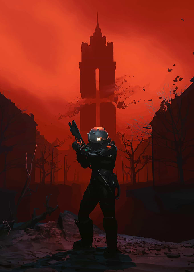 Cronos Futuristic Soldier in Red Landscape