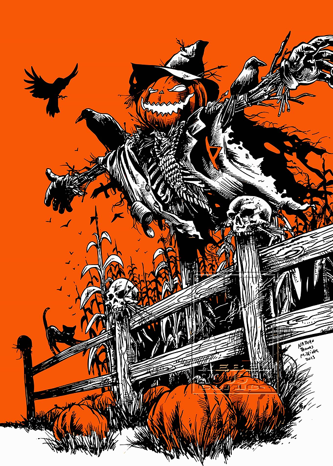 Halloween Scarecrow with Pumpkins and Crows