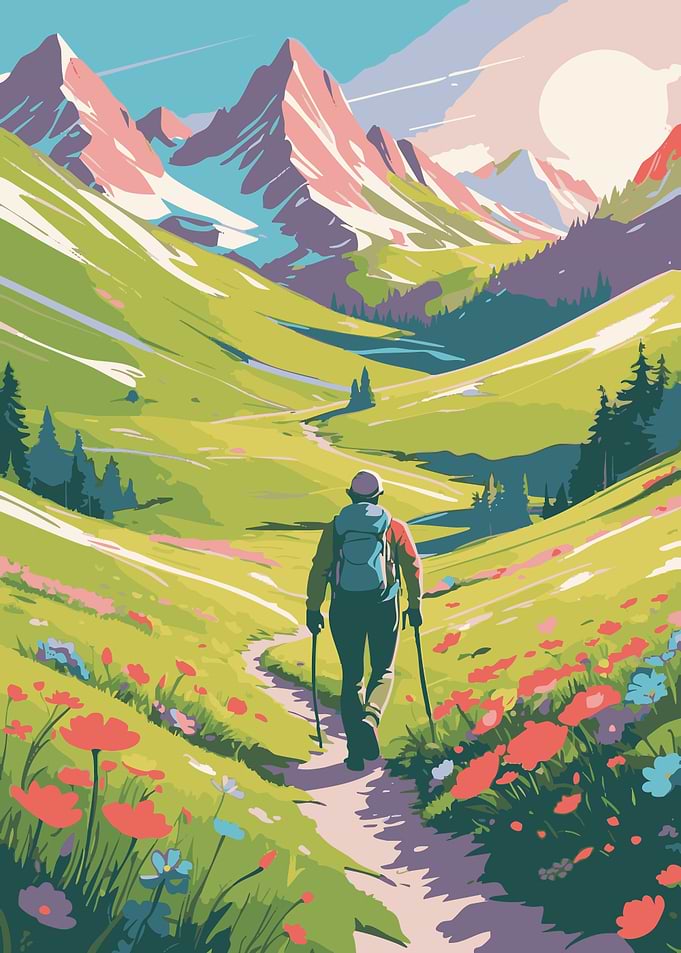 Hiker in Mountain Landscape Illustration