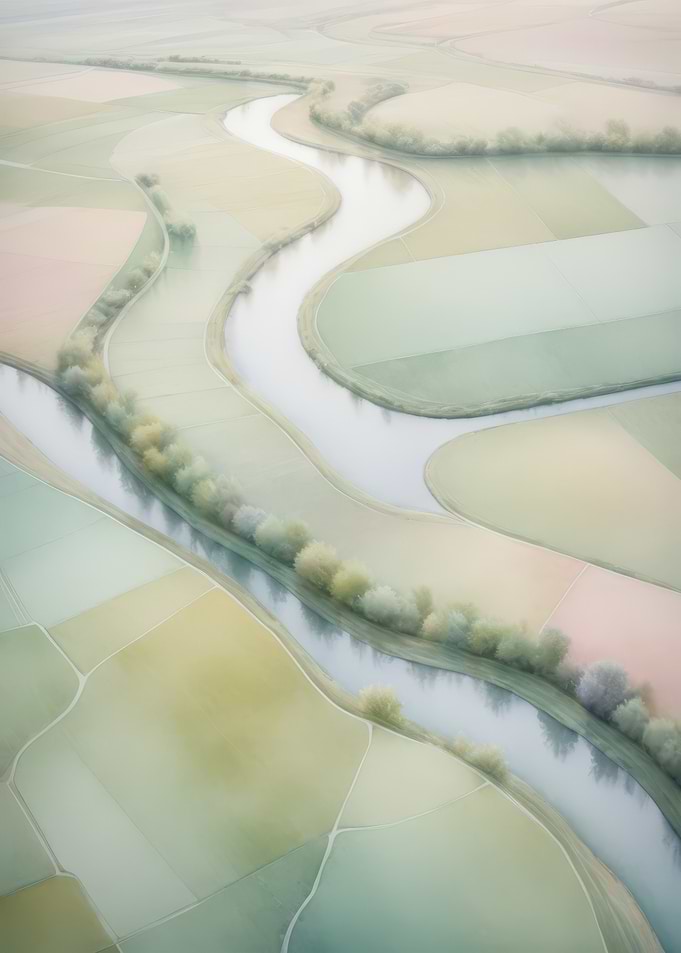 Dreamy Aerial River Winding Through Pastel Patchwork Fields