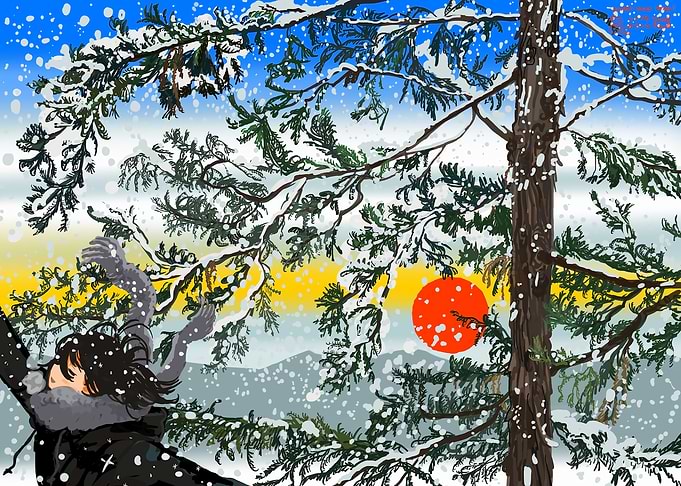 Winter Scene with Figure and Sunset