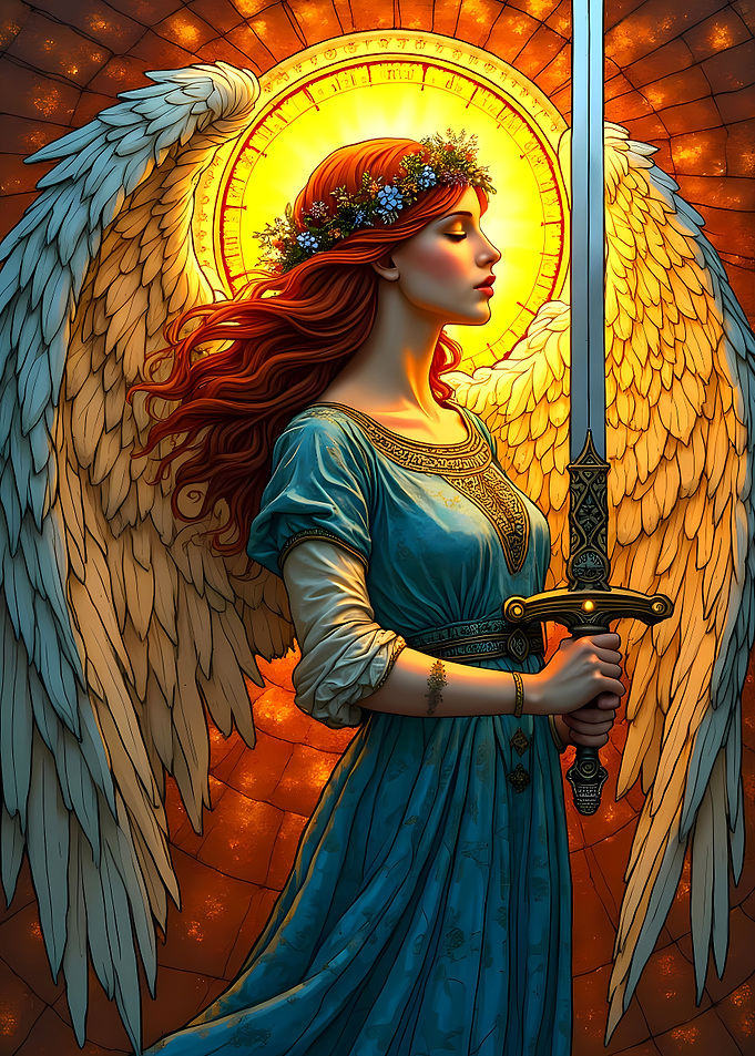 Angel with Sword and Floral Crown
