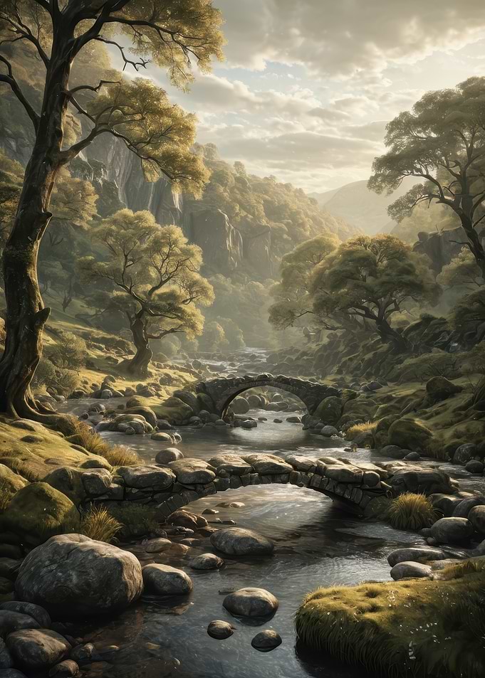 Golden Glen — Serene Stone Bridges Over a Forest Stream