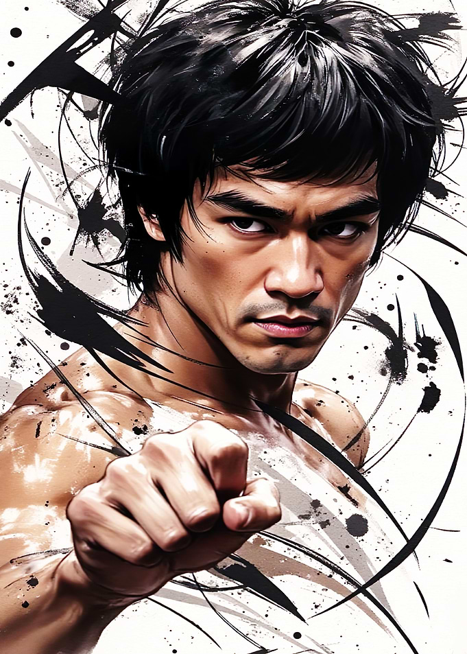 Bruce Lee Portrait with Ink Splatters