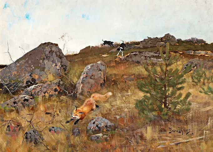 Fox Hunt Painting by Bruno Liljefors