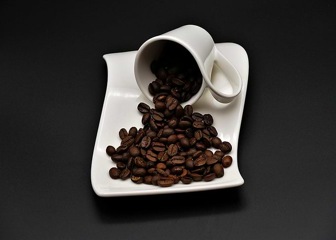 Coffee Beans Spill from White Cup