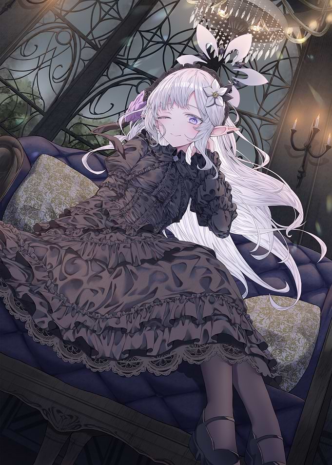 Anime Elf Girl in Black Dress